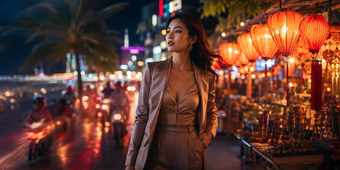 Khung cảnh chợ đêm Phú Quốc với người dùng trải nghiệm VIP bonus trên di động